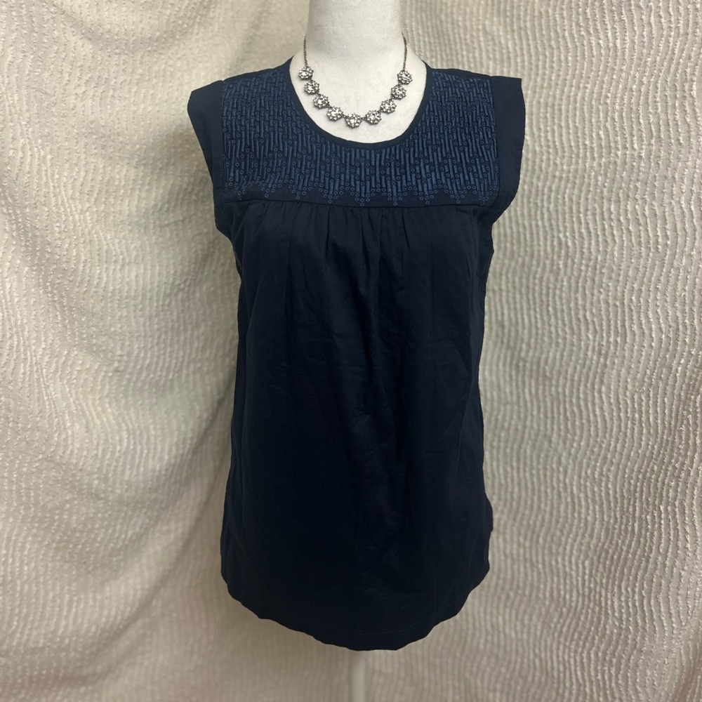 J. Crew Navy Blue Sleeveless Embroidered Yoke Top